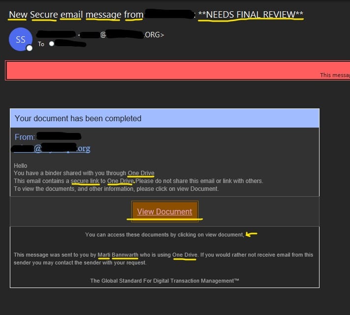 Phishing Example Email